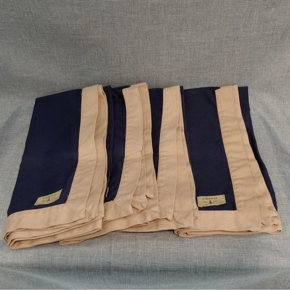 N w/o T Ralph Lauren Chino Cotton Dinner Napkins Set of 4 Navy w/ Khaki Trim VTG